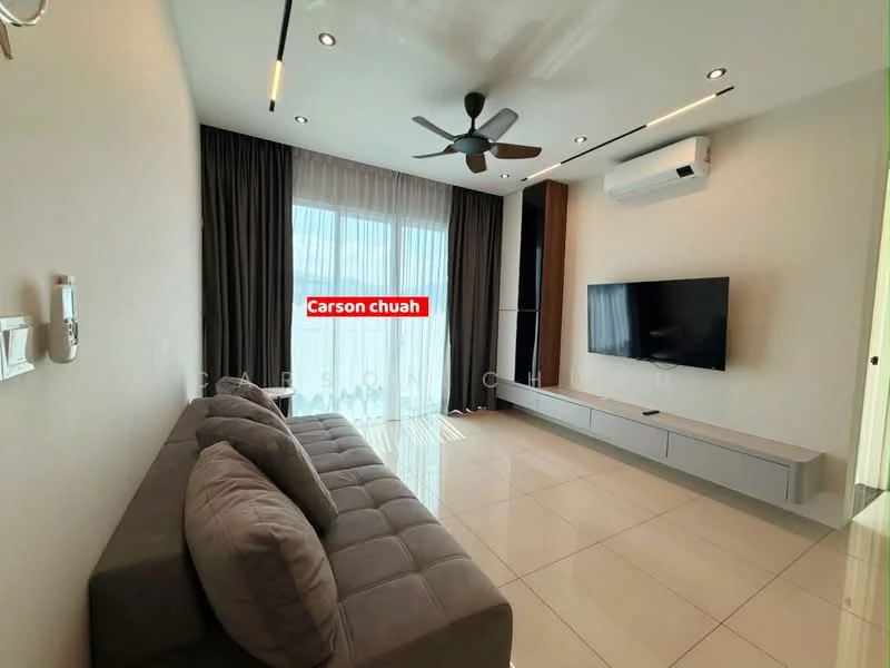 Living features: 3-seater fabric sofa in grey, wall-mounted TV, TV console, recessed LED downlights, ceiling fan, floor-to-ceiling windows, sheer curtains, glossy tile flooring, air conditioning unit, decorative wall paneling; style: modern.