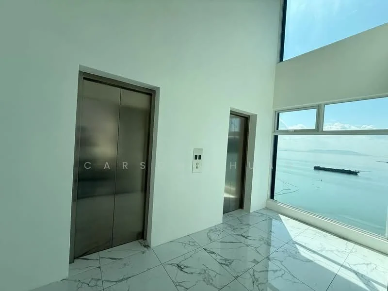 Room features: marble tile flooring, white painted walls, floor-to-ceiling windows, elevator doors, elevator control panel, sea view; style: modern; view: sea.