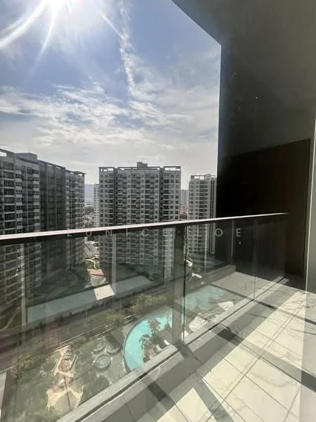 Room features: glass balcony railing, tile flooring, city skyline view, swimming pool view, high-rise buildings in background, outdoor space; style: modern; view: city.
