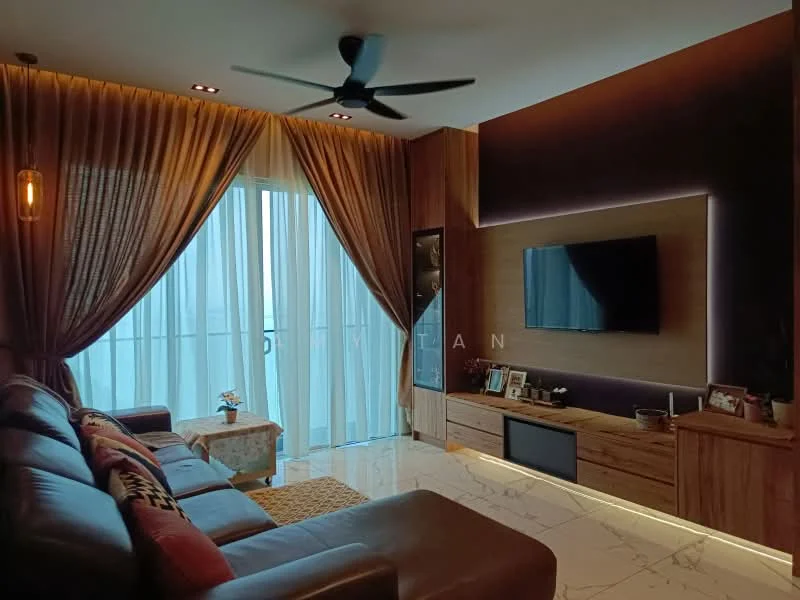 Living features: 3-seater leather sofa in brown, coffee table, wall-mounted TV, wooden TV console, marble tile flooring, floor-to-ceiling windows, sheer curtains, 5-blade ceiling fan with light, decorative wall lighting, wood panel accent wall, area rug with geometric pattern; style: modern.