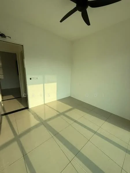 Room features: white painted walls, tile flooring, 5-blade ceiling fan, natural light from window, doorway leading to another room.