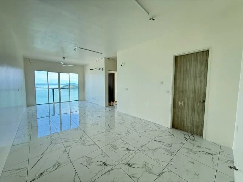 Living features: large floor-to-ceiling windows, sliding glass door, marble tile flooring, white painted walls, ceiling fan, ocean view, recessed lighting, open layout; style: modern; view: sea.