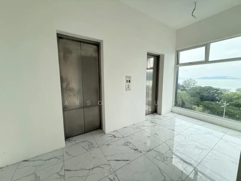 Room features: marble tile flooring, white painted walls, floor-to-ceiling windows, elevator doors, elevator call panel, view of greenery and water; style: modern; view: sea.