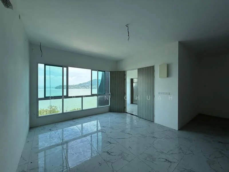 Room features: white painted walls, marble tile flooring, floor-to-ceiling windows, sea view, sliding door, natural light, open layout, no visible furniture; style: modern; view: sea.