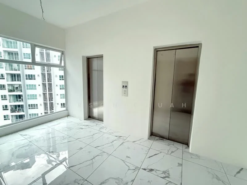 Room features: white painted walls, marble tile flooring, two elevators, large windows, city view, elevator control panel; style: modern; view: city.