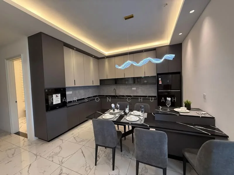 Kitchen features: black cabinetry, white upper cabinets, marble tile flooring, grey backsplash, stainless-steel built-in oven, stainless-steel microwave, stainless-steel fridge, 4-burner gas hob, chrome pull-down faucet, single-bowl stainless-steel sink, dining table with place settings, grey upholstered dining chairs, pendant light fixture, recessed LED downlights, open shelving; style: modern.