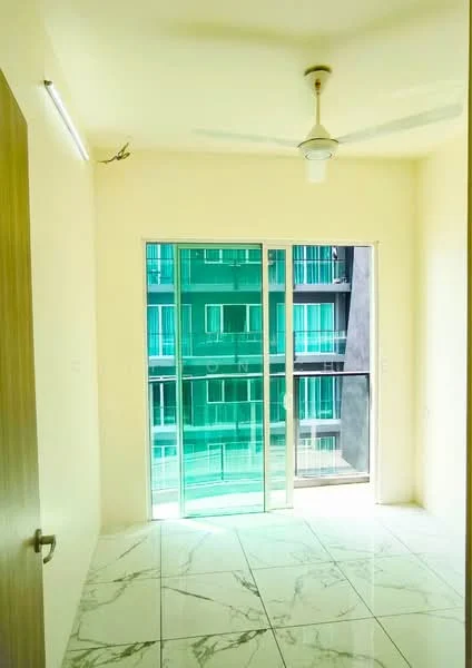 Room features: white painted walls, marble tile flooring, 5-blade ceiling fan, sliding glass door, floor-to-ceiling windows, natural light from windows, view of exterior building, neutral color scheme; style: modern; view: city.