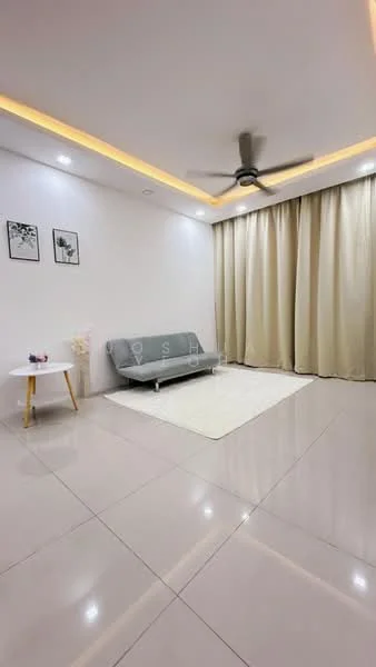 Living features: grey fabric sofa, white area rug, round white coffee table, cream curtains, recessed LED downlights, 5-blade ceiling fan, white painted walls, glossy tile flooring, framed artwork on walls; style: modern.
