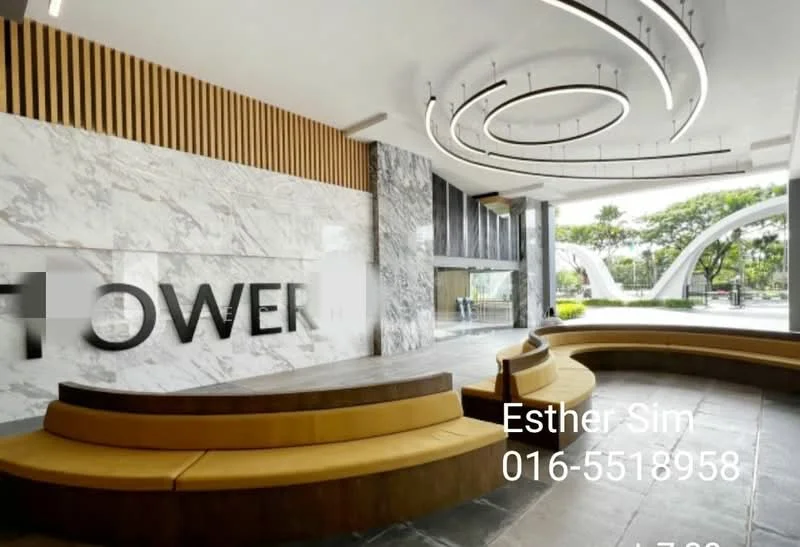 Room features: marble feature wall, wood paneling, curved seating area with upholstered cushions, modern circular ceiling lights, large glass windows, grey tile flooring, decorative wall with 'TOWER' signage, indoor greenery visible through windows; style: modern; view: garden.