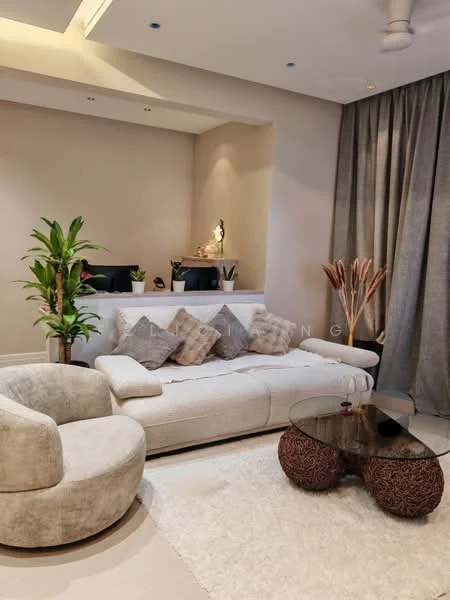 Living features: light beige fabric sofa, decorative throw pillows, round glass coffee table, textured area rug, potted indoor plants, floor-to-ceiling curtains, accent wall with lighting, ceiling fan with light; style: modern.