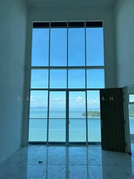 Room features: floor-to-ceiling windows, sliding glass door, marble flooring, white painted walls, high ceiling, ocean view; style: modern; view: sea.