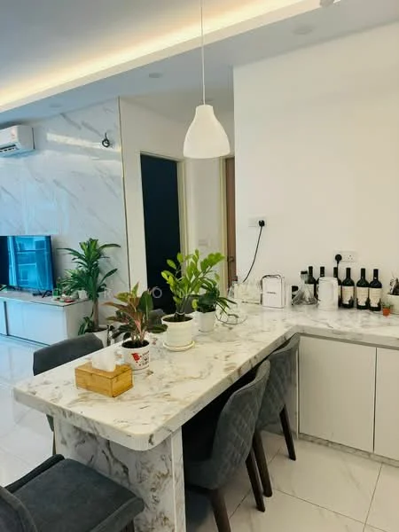 Kitchen features: marble countertop, white cabinetry, 4 dining chairs, pendant light, wall-mounted split AC, plants in ceramic pots, wine bottles on countertop, white tiled backsplash, ceramic tile flooring; style: modern.