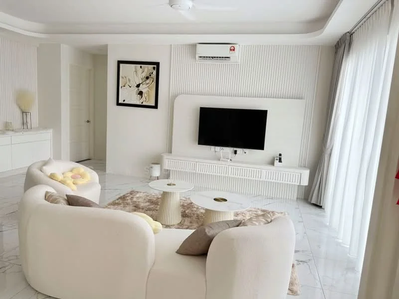 Living features: white fabric 3-seater sofa, 2 accent chairs, round coffee table with gold accents, area rug with neutral tones, wall-mounted flat-screen TV, white media console, recessed ceiling lights, ceiling fan, large floor-to-ceiling windows with sheer curtains, textured wall paneling, decorative artwork on wall; style: modern.