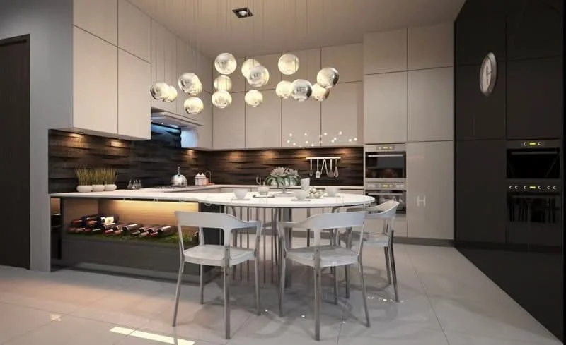 Kitchen features: white cabinetry with flat-panel design, black accent wall, island with seating for six, pendant lighting with multiple globes, stainless-steel appliances, built-in oven, built-in microwave, glass backsplash, ceramic tile flooring, recessed ceiling lights, wine storage area, decorative plants on countertop, modern dining chairs in white; style: modern.