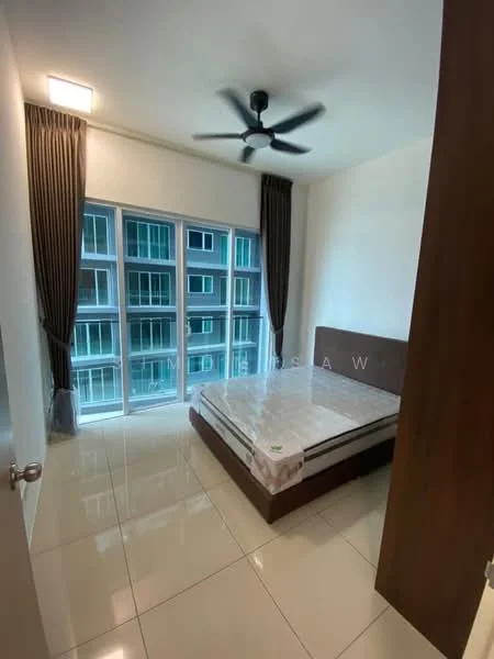 Bedroom features: king-size bed, upholstered headboard, floor-to-ceiling windows, sheer curtains, 5-blade ceiling fan, white painted walls, glossy tile flooring, built-in wardrobe; style: modern; view: city.