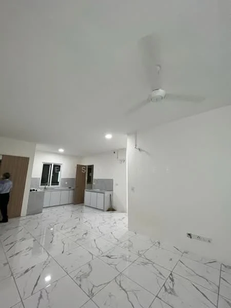 Room features: white painted walls, marble tile flooring, ceiling fan, kitchen cabinetry with grey finish, window with view, open layout, recessed lighting; style: modern.