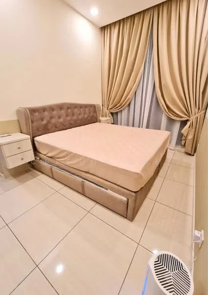 Bedroom features: queen-size bed with upholstered headboard, beige bed frame, cream painted walls, floor-to-ceiling windows with sheer curtains, tile flooring, nightstand with drawer, decorative wall paneling, recessed ceiling lights, air conditioning unit; style: modern.