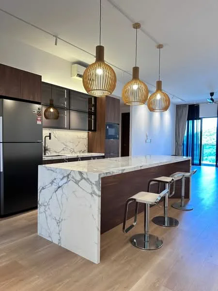 Kitchen features: marble countertop, wood cabinetry, stainless-steel fridge, built-in oven, pendant lighting, bar stools, open layout, floor-to-ceiling windows, wooden flooring, recessed downlights; style: modern; view: city.