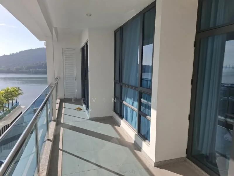 Room features: sliding glass door, floor-to-ceiling windows, blue sheer curtains, grey tiled flooring, balcony railing, view of water, view of greenery, sunlight streaming in; style: modern; view: sea.