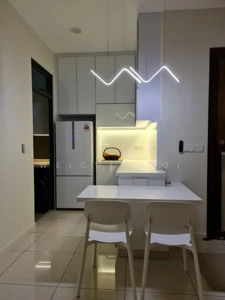 Kitchen features: white cabinetry, stainless-steel fridge, white countertop, pendant light fixture, ceramic tile flooring, open shelving, built-in cabinets, wall-mounted cabinets, kitchen island with seating, recessed lighting; style: modern.