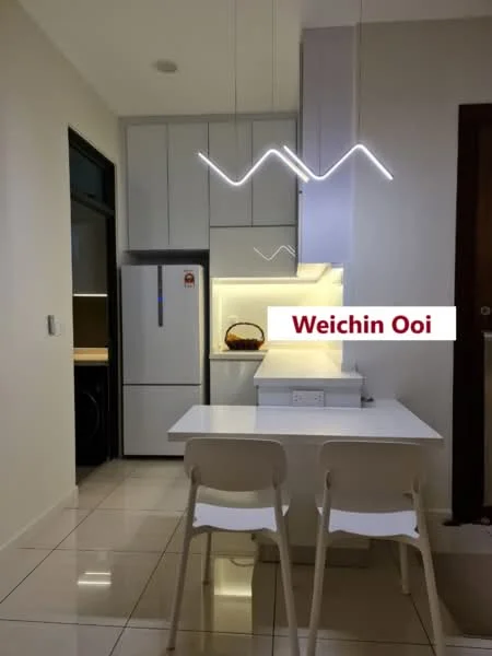 Kitchen features: white cabinetry, stainless-steel fridge, white countertop, pendant lighting, ceramic tile flooring, open shelving, kitchen island, two white dining chairs; style: modern.