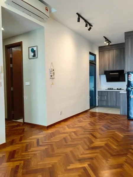 Room features: parquet wood flooring, cream painted walls, recessed downlights, wall-mounted split AC, kitchen area visible, dark wood cabinetry, stainless-steel fridge, open layout, doorway leading to another room, track lighting; style: modern.