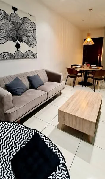 Living features: 3-seater fabric sofa in beige, 2 decorative cushions in dark blue, wooden coffee table, pendant light fixture, wall art with abstract design, tile flooring, dining table with 4 chairs, black and white patterned armchair; style: modern.