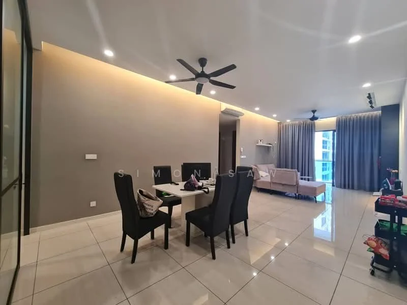 Living features: white painted walls, grey accent wall, glossy tile flooring, 5-blade ceiling fan with light, sofa in beige, dining table with 4 black chairs, TV console, floor-to-ceiling windows with sheer curtains, recessed downlights, decorative wall art; style: modern; view: city.