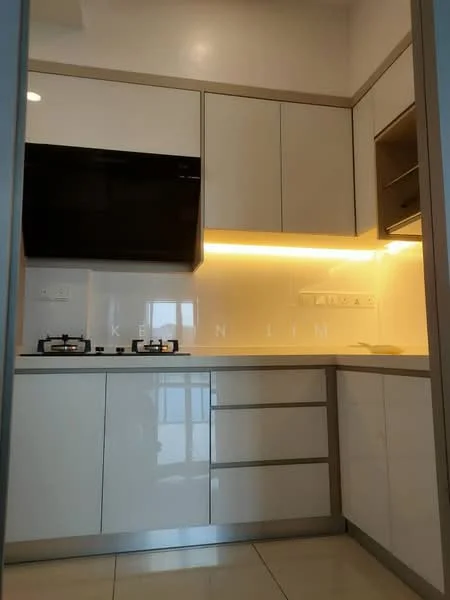 Kitchen features: white glossy cabinetry, stainless-steel gas hob with 2 burners, black wall-mounted range hood, white quartz countertop, under-cabinet LED lighting, built-in oven, ceramic tile flooring, single-bowl stainless-steel sink; style: modern.
