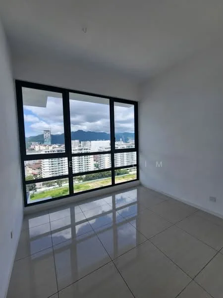 Room features: white painted walls, glossy tile flooring, floor-to-ceiling windows, mountain view, city skyline view, natural light, minimalist design, no visible furniture; style: modern; view: city.