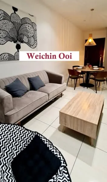 Living features: 3-seater fabric sofa in beige, 2 black throw pillows, wooden coffee table, black and white patterned armchair, pendant light fixture, wall art with floral design, white painted walls, tile flooring, dining table with 4 chairs in the background; style: modern.