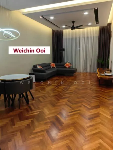 Living features: parquet wood flooring, cream painted walls, recessed downlights, 5-blade ceiling fan, large floor-to-ceiling windows with sheer curtains, grey sectional sofa with decorative cushions, round dining table with black legs, 4 upholstered dining chairs, wooden side table, decorative wall art, TV console, wall-mounted TV; style: modern.