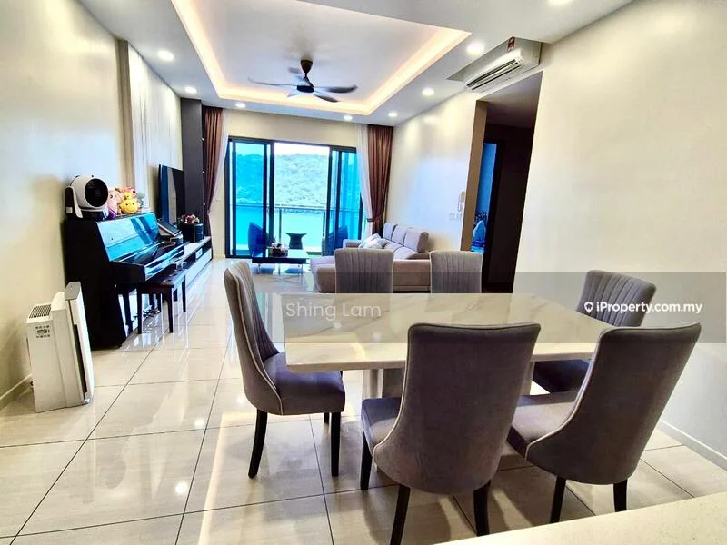 Living features: floor-to-ceiling windows, sliding glass door, 5-blade ceiling fan with light, recessed downlights, cream painted walls, glossy tile flooring, sofa in light grey fabric, coffee table, piano, dining table with upholstered chairs, decorative wall art, curtains, air conditioning unit; style: modern; view: garden.