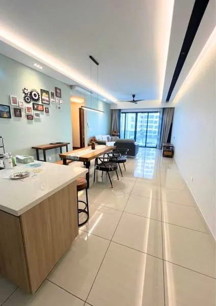 Living features: white painted walls, light grey accent wall, polished ceramic tile flooring, recessed LED downlights, 5-blade ceiling fan with light, floor-to-ceiling windows, sliding glass door, sheer curtains, dining table with wooden top, 4 dining chairs, sofa in grey fabric, coffee table, decorative wall art, area rug, TV console; style: modern; view: city. Kitchen features: kitchen island with white countertop, stainless-steel sink, chrome pull-down faucet, bar stools, open shelving, built-in cabinets; style: modern.