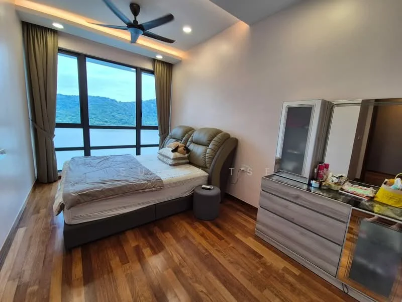 Bedroom features: king-size bed, upholstered headboard, wooden flooring, floor-to-ceiling windows, curtains, ceiling fan, dressing table with mirror, nightstand, decorative items on dresser; style: modern; view: mountain.