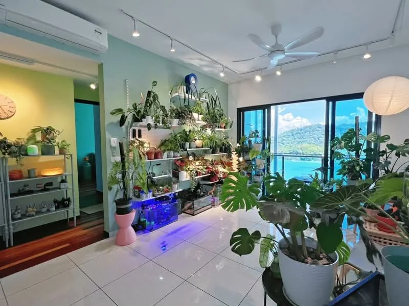 Living features: white tiled flooring, green painted walls, ceiling fan, floor-to-ceiling windows, sliding glass door, decorative plants on shelves, wall-mounted shelves, LED lighting, decorative lantern, view of mountains and water; style: modern; view: mountain.