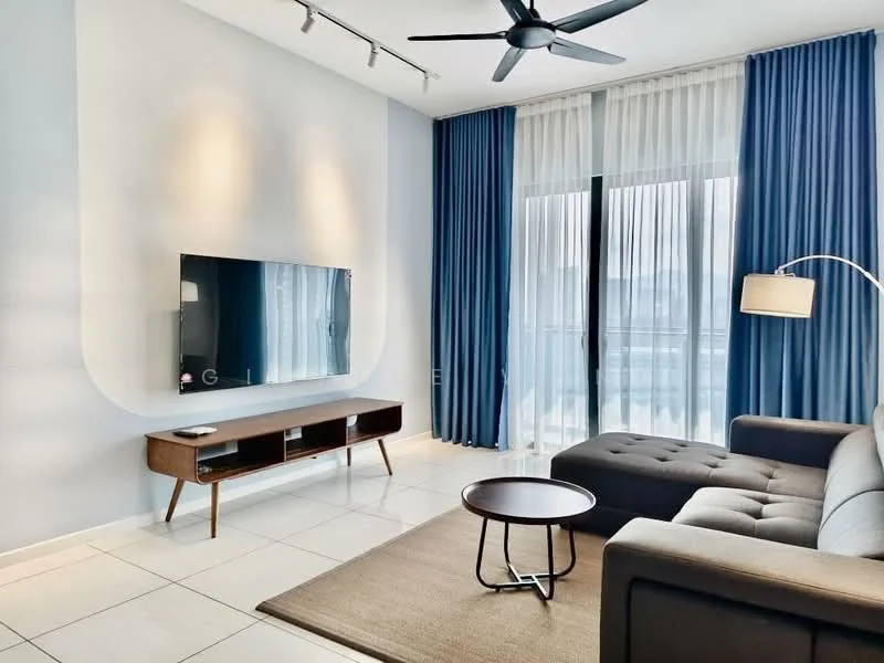 Living features: grey fabric sofa, round coffee table with metal legs, wall-mounted flat-screen TV, wooden TV console, floor-to-ceiling windows, sheer white curtains, blue drapes, recessed lighting, ceiling fan with light, light-colored tiled flooring, decorative area rug; style: modern.