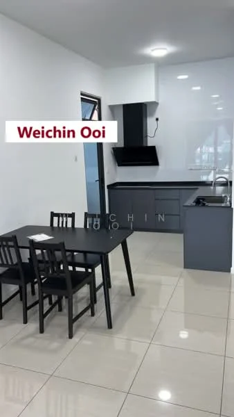 Kitchen features: grey cabinetry, black countertop, stainless-steel sink, chrome pull-down faucet, built-in oven, stainless-steel range hood, 4-burner gas hob, white tiled backsplash, ceramic tile flooring, recessed downlights, dining table with four chairs, window with natural light; style: modern.