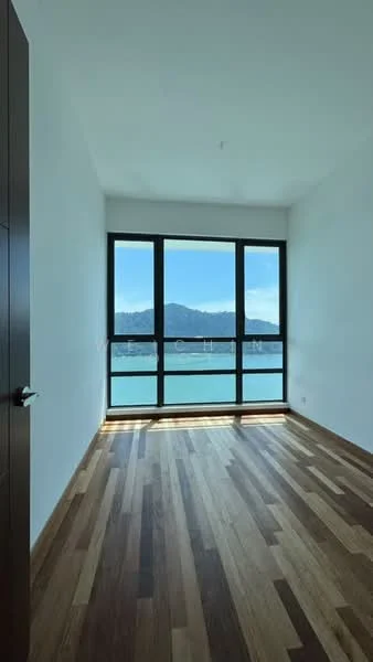 Room features: large floor-to-ceiling windows, wooden flooring, white painted walls, mountain view, natural light, minimalist design, no visible furniture, clean lines; style: modern; view: mountain.