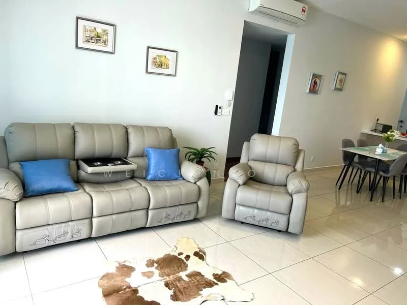 Living features: 3-seater leather sofa in light grey, single armchair in light grey, blue throw pillows, coffee table, area rug with cowhide pattern, wall-mounted air conditioning unit, framed artwork on walls, tile flooring, recessed lighting, dining area visible in background; style: modern.