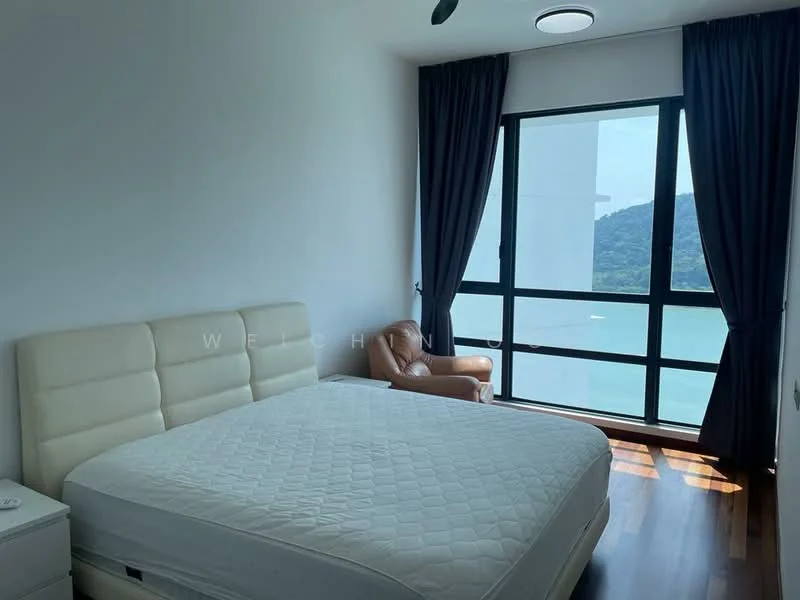 Bedroom features: king-size bed with upholstered headboard, wooden flooring, floor-to-ceiling windows, city view, blackout curtains, ceiling fan, armchair, nightstand; style: modern; view: sea.