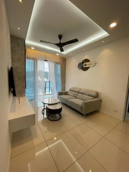 Living features: grey fabric sofa, round coffee table, wall-mounted TV, floor-to-ceiling windows, sheer curtains, recessed downlights, 5-blade ceiling fan, lighted ceiling with tray design, glossy tile flooring, decorative wall clock, accent wall with stone finish; style: modern; view: city.