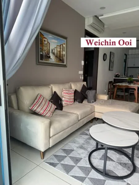 Living features: 3-seater fabric sofa in beige, decorative cushions with stripes, round coffee table with black base, round coffee table with white top, area rug with geometric pattern, wall-mounted air conditioning unit, framed artwork on wall, light grey painted walls, sliding glass door, curtains in light grey, dining table in background; style: modern.