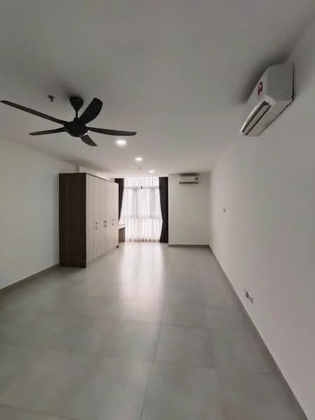 Room features: light grey tiled flooring, white painted walls, 5-blade ceiling fan with light, 1 wall-mounted split AC, floor-to-ceiling windows with sheer curtains, built-in wardrobe with wood finish, recessed downlights; style: modern.