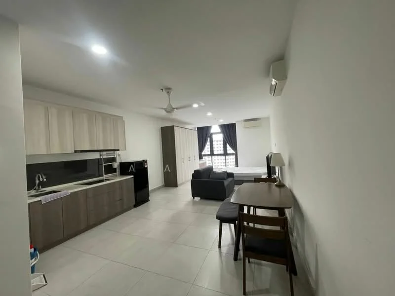 Kitchen features: white cabinetry, grey countertop, stainless-steel sink, chrome pull-down faucet, built-in stove, built-in oven, black fridge, tile backsplash; style: modern. Living features: 3-seater fabric sofa in grey, wooden dining table, 2 wooden chairs, ceiling fan, wall-mounted air conditioning unit, large window with sheer curtains, light grey tile flooring; style: modern.