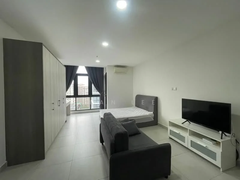 Room features: light grey tiled flooring, white painted walls, floor-to-ceiling windows, blackout curtains, 1 wall-mounted split AC, sofa in dark grey fabric, TV console in white with storage, wall-mounted TV, built-in wardrobe with sliding doors, queen-size bed frame, decorative wall with no visible artwork; style: modern; view: city.