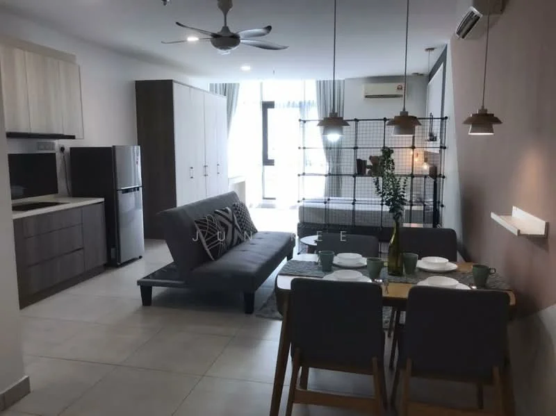 Living features: grey fabric sofa, coffee table, 4-seater dining table, wooden dining chairs, pendant lighting, ceiling fan, floor-to-ceiling windows, light-coloured cabinetry, dark wood cabinetry, stainless-steel fridge, built-in kitchen appliances, tile flooring, decorative plant, open shelving, neutral wall colour; style: modern.