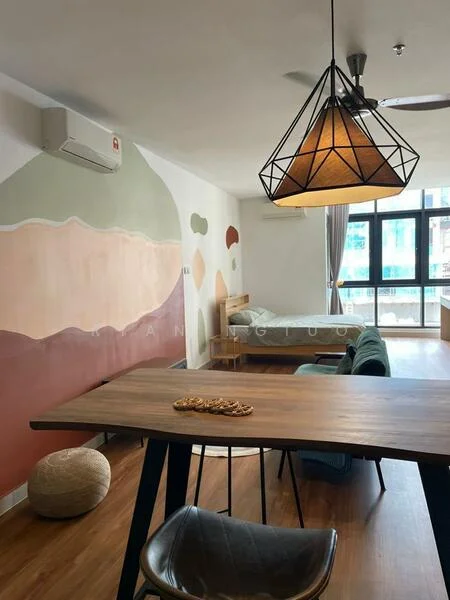 Living features: wooden flooring, painted accent wall with abstract design in pastel colors, floor-to-ceiling windows, 1 wall-mounted split AC, geometric pendant light, sofa in teal, wooden dining table, decorative wall art, pouffe, open layout; style: modern; view: city.