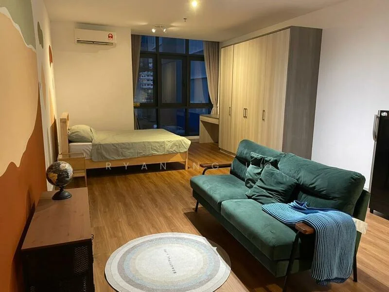 Living features: wooden flooring, cream painted walls, floor-to-ceiling windows, green fabric sofa, coffee table, area rug, wall-mounted air conditioning unit, built-in wardrobe, bed with mattress, curtains, decorative globe; style: modern; view: city.