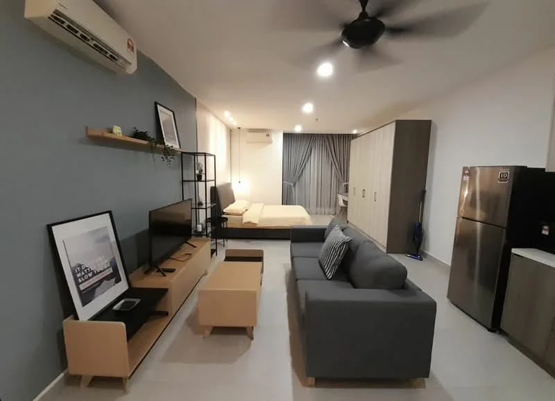 Living features: 3-seater fabric sofa in grey, coffee table, wall-mounted TV, TV console, ceiling fan, 1 wall-mounted split AC, light grey walls, white ceiling, laminate flooring, decorative wall shelf, framed artwork; style: modern. Bedroom features: queen-size bed, bedside lamps, built-in wardrobe, grey curtains, light grey walls, white ceiling, laminate flooring; style: modern. Kitchen features: stainless-steel fridge, built-in cabinets, countertop, sink, stove, laminate flooring; style: modern.